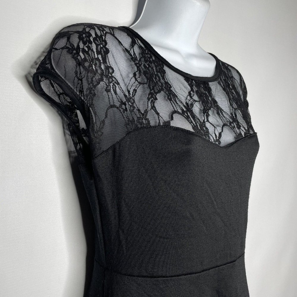Rock Steady Retro Black Stretch Jersey Floral Mesh Lace Fit Flare Dress - Picture 4 of 8